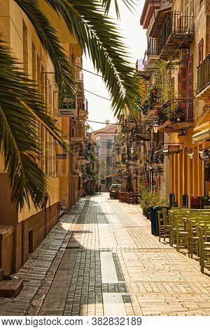 Nafplio, Peloponnese, Greece - August, 2017: Colorful Street City Of Nafplio, Former Capital Of Gree