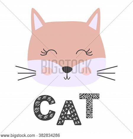 Cute Cartoon Cat Girl In Scandinavian Style. Childish Print For Nursery, Kids Apparel, Poster, Postc