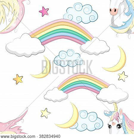 Seamless Pattern With Unicorns, Moon, Flovers, Clouds And Stars. Baby Background.