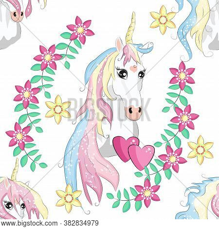 Seamless Pattern With Unicorns, Moon, Flovers, Clouds And Stars. Baby Background.