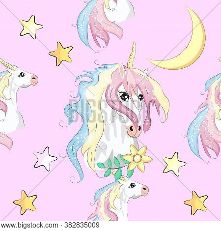 Seamless Pattern With Unicorns, Moon, Flovers, Clouds And Stars. Baby Background.