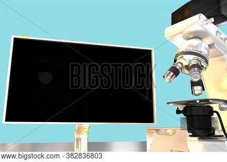 96 Mpx High Resolution Renders Of Microscope And Monitor With Fictive Design Isolated On Blue - 3d I