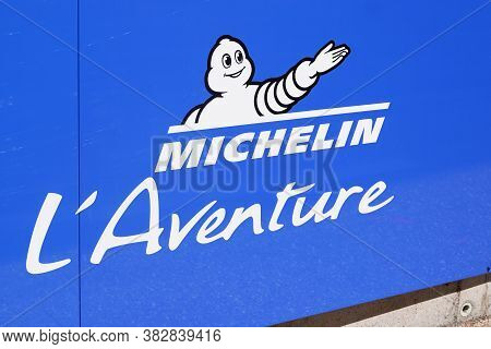 Clermont Ferrand , Auvergne / France - 08 10 2020 : Michelin L'aventure Bibendum Logo Blue Sign And 