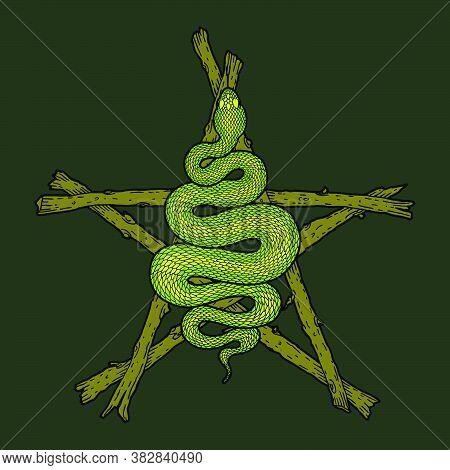 Coiled Snake Over Sticks Pentagram Detailed Illustration. Tribal Occult Serpent Isolated Over Dark G