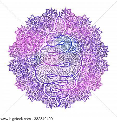 Coiled Snake Over Floral Mandala Detailed Illustration. Colorful Tribal Serpent Isolated Over White 