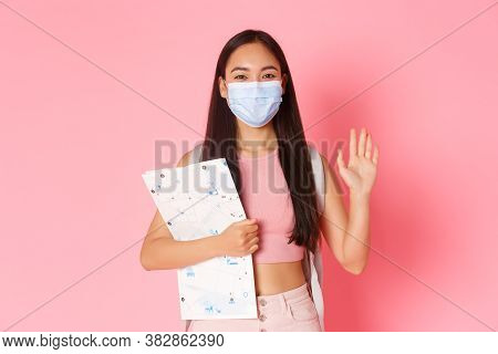 Safe Tourism, Travelling During Coronavirus Pandemic And Preventing Virus Concept. Friendly Cute Asi