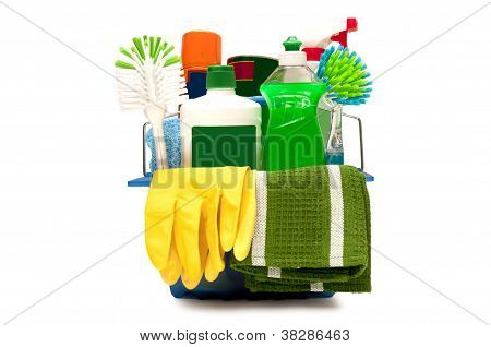 Reinigungsmittel mit Gelbe Handschuhe