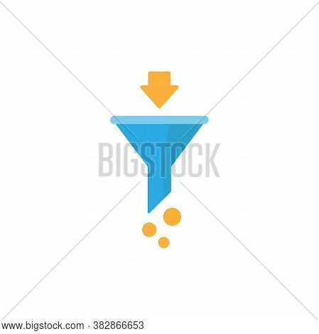 Blue Data Filter With Yellow Arrow. Flat Data Funnel Icon. Isolated On White Background. Analytics I