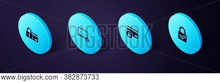 Set Isometric Lock And Check Mark, Credit Card With Lock, Laptop And Icon. Vector