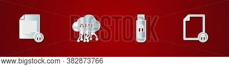 Set Document And Lock, Cloud Api Interface, Usb Flash Drive With And Icon. Vector