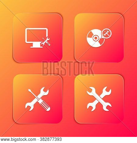 Set Computer Monitor Service, Cd Dvd Disk, Crossed Screwdriver And Wrench And Wrenchs Icon. Vector
