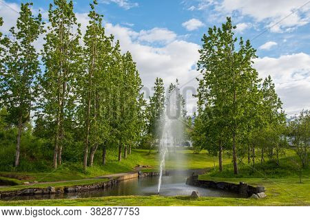 Fountain In A Park In Town Of Dalvik In North Iceland