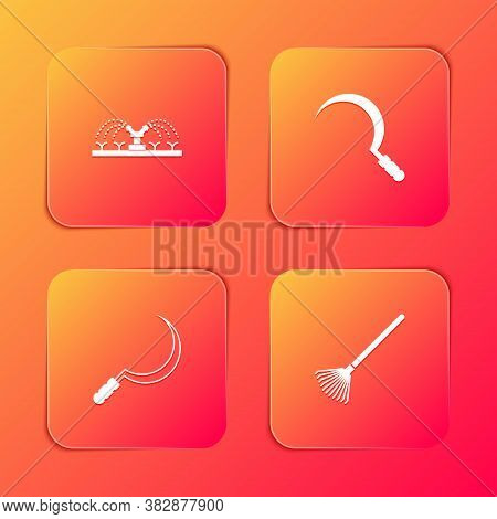 Set Automatic Irrigation Sprinklers, Sickle, And Garden Rake For Leaves Icon. Vector