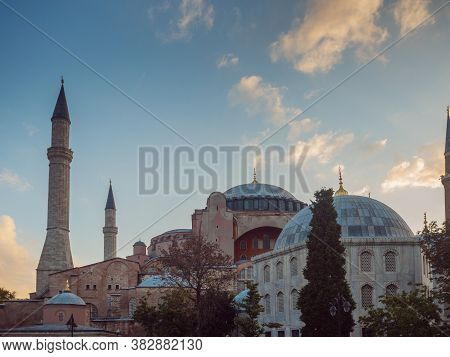 Hagia Sophia In Istanbul, Cathedral And Mosque, Museum. Cathedral With A Dome And Minarets, View Fro