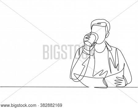 Single Continuous Line Drawing Of Young Happy Startup Manager Reading Economic News On Business News
