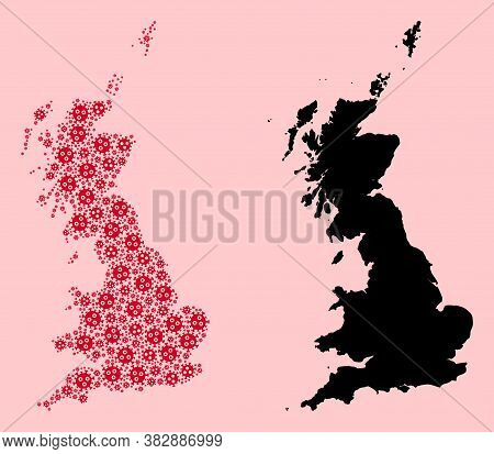 Vector Flu Virus Mosaic And Solid Map Of Great Britain. Map Of Great Britain Vector Mosaic For Outbr