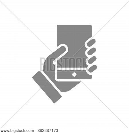 Hand Holds A Smarthone Grey Icon. Social Network Activitiy, Blogging, Feedback Sign