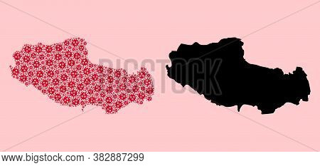 Vector Sars Virus Mosaic And Solid Map Of Tibet. Map Of Tibet Vector Mosaic For Doctor Campaigns And