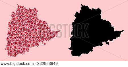 Vector Flu Virus Mosaic And Solid Map Of Telangana State. Map Of Telangana State Vector Mosaic For H
