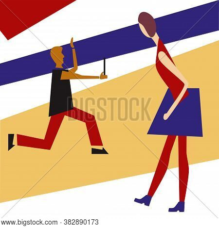 Vector Illustration Woman And Man Cubism Style. Man Run And Takes Selfie. Woman Looks At Him. Mix Mo