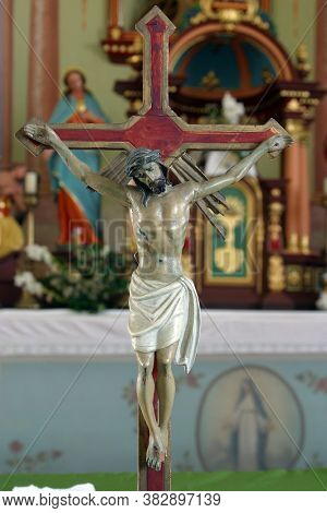 ZAGORSKA SELA, CROATIA - SEPTEMBER 18, 2012: Crucifix, parish church of St. Catherine of Alexandria in Zagorska Sela, Croatia
