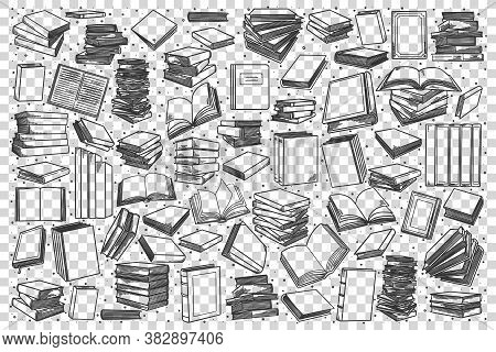 Bookstore Doodle Set. Collection Of Hand Drawn Antique Opened And Closed Textbooks With Empty Pages.