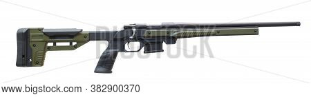 Bolt Action Rifle With A Green Polymer Stock Isolated On White