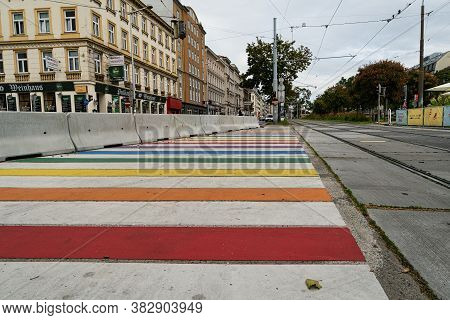 Vienna, Austria - August 29, 2020: Town Square Of Gürtel And Felberstrasse With Crosswalks In Rainbo