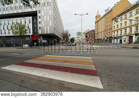Vienna, Austria - August 29, 2020: Town Square Of Gürtel And Felberstrasse With Crosswalks In Rainbo
