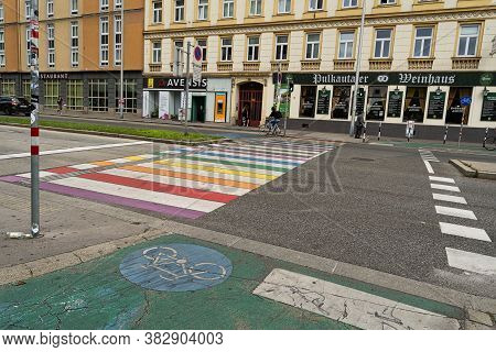 Vienna, Austria - August 29, 2020: Town Square Of Gürtel And Felberstrasse With Crosswalks In Rainbo