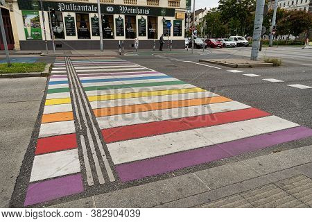 Vienna, Austria - August 29, 2020: Town Square Of Gürtel And Felberstrasse With Crosswalks In Rainbo