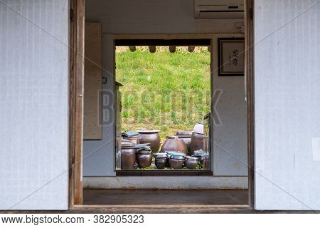 Seosan,south Korea-april 2020: Korean Traditional Kimchi Clay Pots In Front Of A Traditional House W