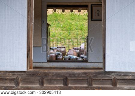 Seosan,south Korea-april 2020: Korean Traditional Kimchi Clay Pots View From A Traditional House Win