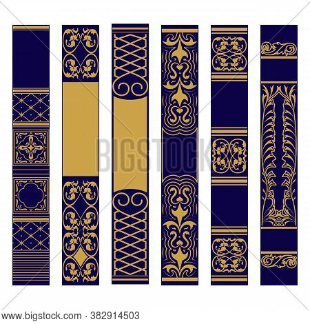Vertical Ornament Set. Samples Of Spines Or Roots Of The Book. Ornate Gold And Blue Pattern.