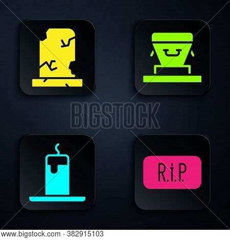 Set Speech Bubble Rip Death, Old Grave With Tombstone, Burning Candle And Coffin. Black Square Butto