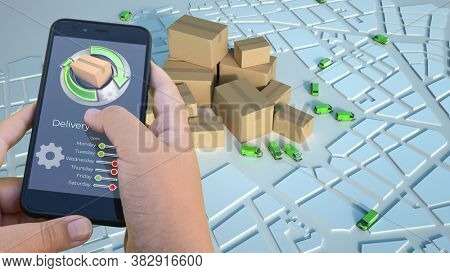 3D rendering of a smartphone app tracking a parcel on a map