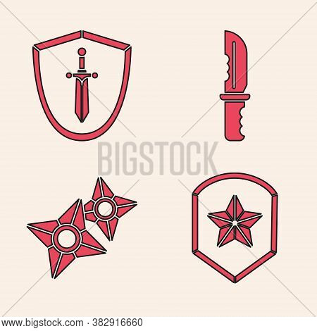 Set Police Badge, Medieval Shield With Sword, Military Knife And Japanese Ninja Shuriken Icon. Vecto