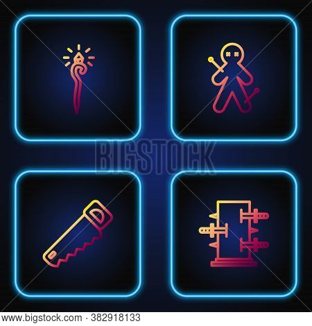 Set Line Trunk For Magic Tricks, Hand Saw, Magic Staff And Voodoo Doll. Gradient Color Icons. Vector
