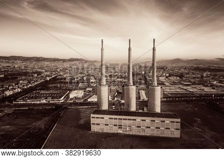 Besos thermic power plant aerial view in Barcelona coast Spain.