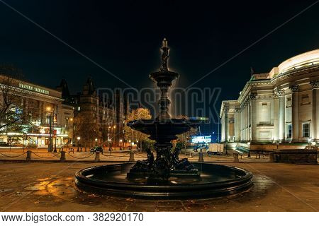 LIVERPOOL, UK - FEB 23, 2020: Liverpool Walker Art Gallery historical buildings closeup view at night in England in United Kingdom