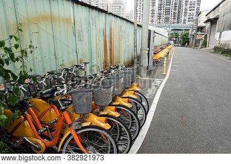 New Taipei city, Taiwan - June 14th, 2020: Ubike, a bike sharing system service used by citizens as short-distance transit vehicles at street in New Taipei city, Taiwan