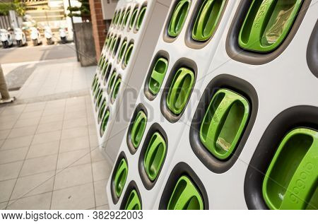 Taipei, Taiwan - August 17th, 2019: charging station for battery packs of Taiwan-based Gogoro electronic motocycle at street in Taipei, Taiwan, Asia
