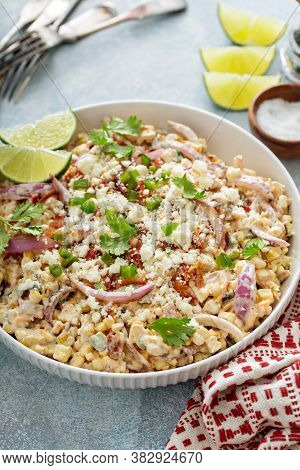 Grilled Corn And Jalapeno Salad With Red Onion, Cheddar Cheese And Bacon, Summer Potluck Recipe