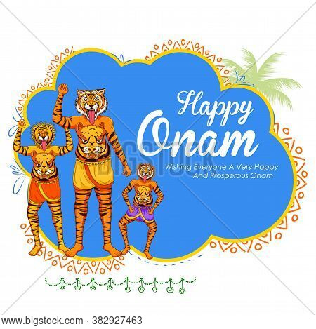 Illustration Of Puli Kali Dancer On Background For Happy Onam Festival Of South India Kerala