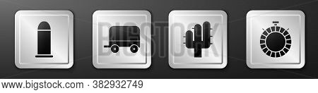 Set Bullet, Wild West Covered Wagon, Cactus And Canteen Water Bottle Icon. Silver Square Button. Vec