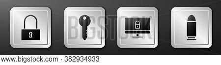 Set Lock, Key, Lock On Computer Monitor And Bullet Icon. Silver Square Button. Vector