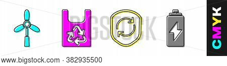 Set Wind Turbine, Plastic Bag With Recycle, Recycle Symbol Inside Shield And Battery Icon. Vector