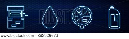 Set Line Water Meter, Well, Water Drop And Container With Drain Cleaner. Glowing Neon Icon On Brick 
