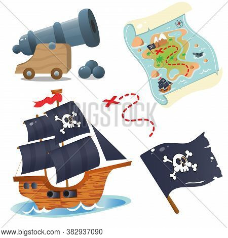 Pirate Ship. Sailboat With Black Sails In Sea. Pirate Cannon. Black Flag With Skull. Treasure Map.