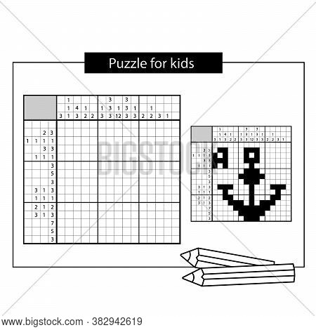 Anchor. Black And White Japanese Crossword With Answer. Nonogram With Answer.  Puzzle Game For Kids.
